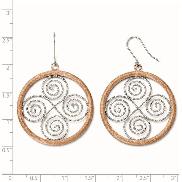 35mm Sterling Silver & Rose Gold Tone Scroll & Circle Dangle Earrings - Picture 2 of 3